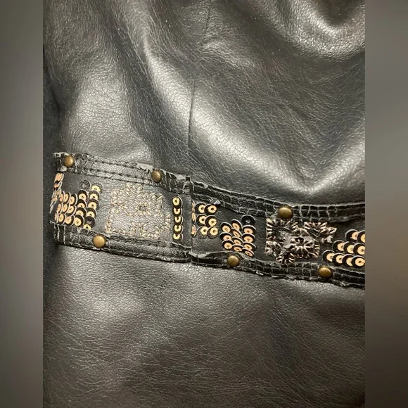 BCBGMaxAzria Black Faux Leather Top with Embellished Belt - Picture 2 of 8